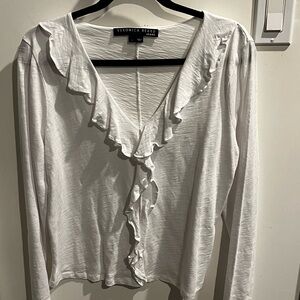 Veronica Beard Cream Ruffle V-Neck T Shirt